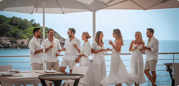 Bride, groom and guests dressed in white on the terrace