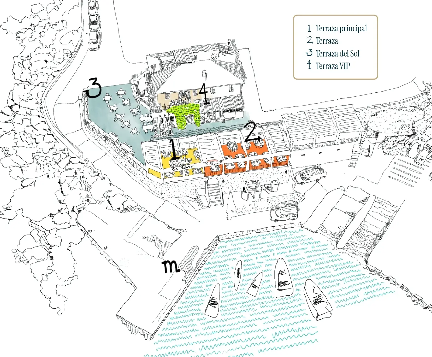 Plano ilustrado de Es Raor con sus cuatro terrazas: principal, terraza, terraza del sol y terraza VIP